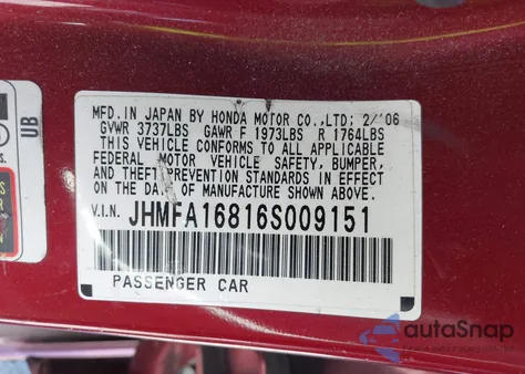 2006 Honda Civic Ex z USA, uszkodzony, nr VIN JHMFA16816S009151